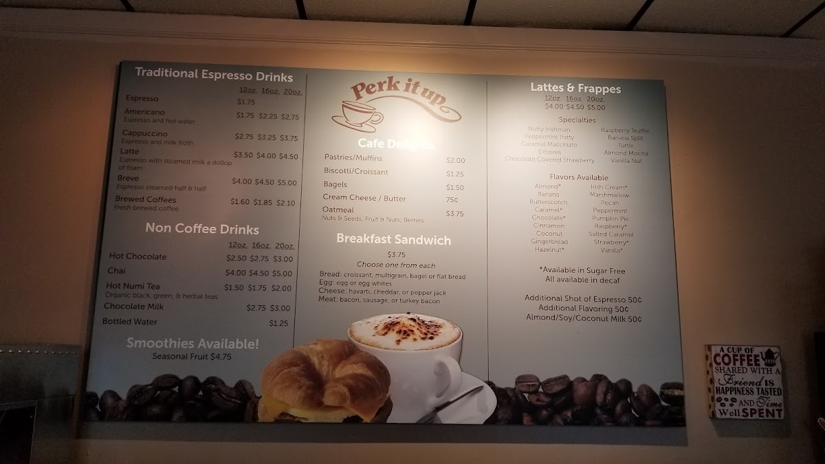 Perk It Up in-store menu board on Telegraph Rd