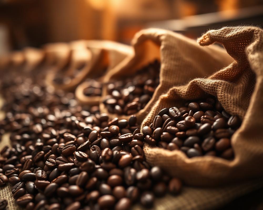 Whole roasted coffee beans in burlap