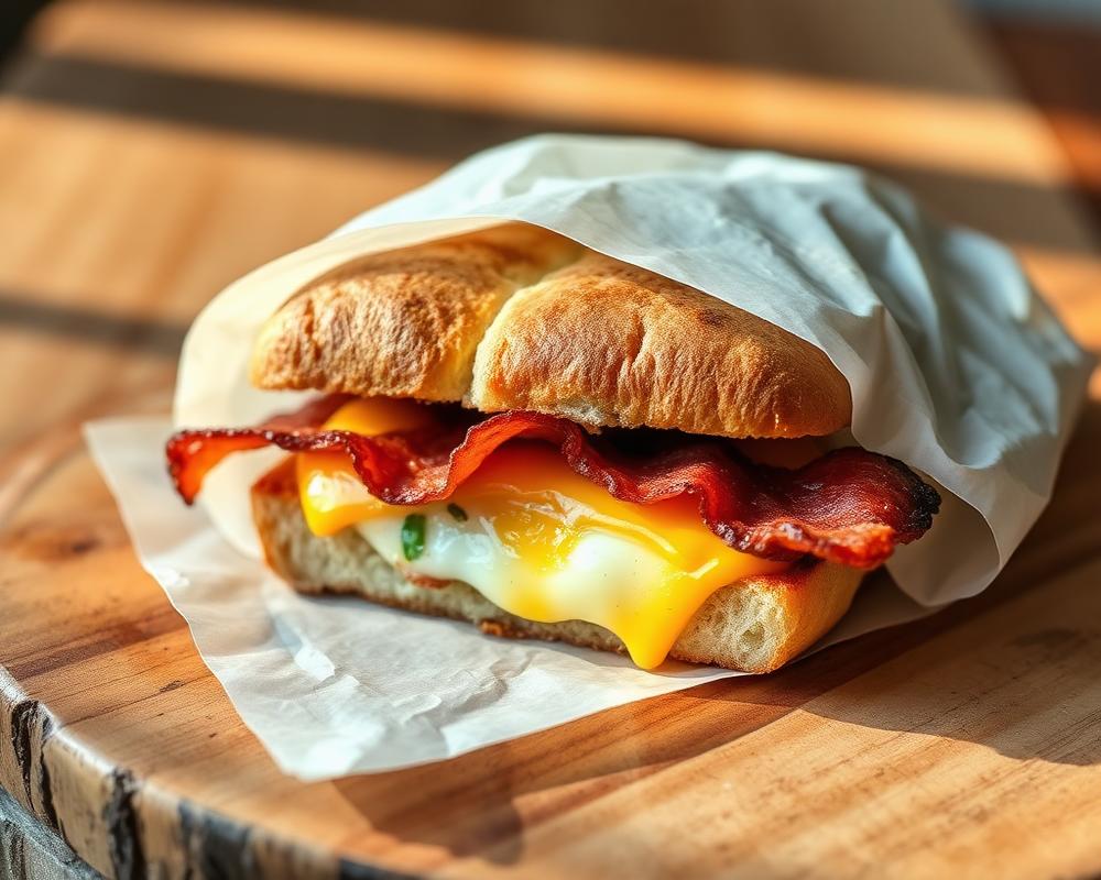Breakfast sandwich with egg, cheddar and bacon on croissant